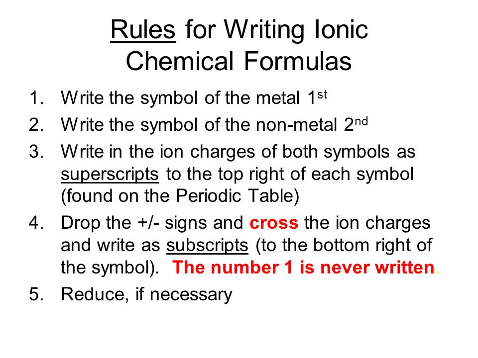 Rules for Writing Ionic Chemical Formulas 1.Write the symbol of the metal 1 st 2.Write the symbol of the non-metal 2 nd 3.Write in the ion charges of both symbols as superscripts to the top right of each symbol (found on the Periodic Table) 4.Drop the +/- signs and cross the ion charges and write as subscripts (to the bottom right of the symbol).