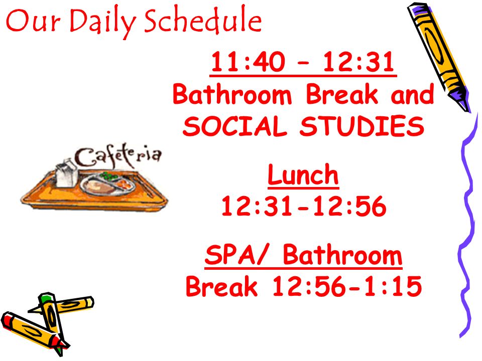 Our Daily Schedule 11:40 – 12:31 Bathroom Break and SOCIAL STUDIES Lunch 12:31-12:56 SPA/ Bathroom Break 12:56-1:15
