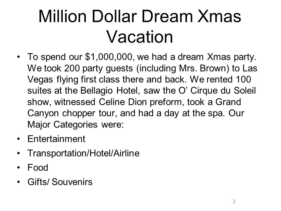 2 Million Dollar Dream Xmas Vacation To spend our $1,000,000, we had a dream Xmas party.