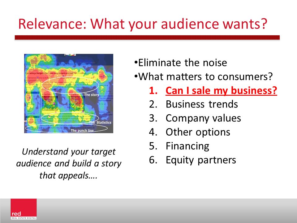 Relevance: What your audience wants. Eliminate the noise What matters to consumers.