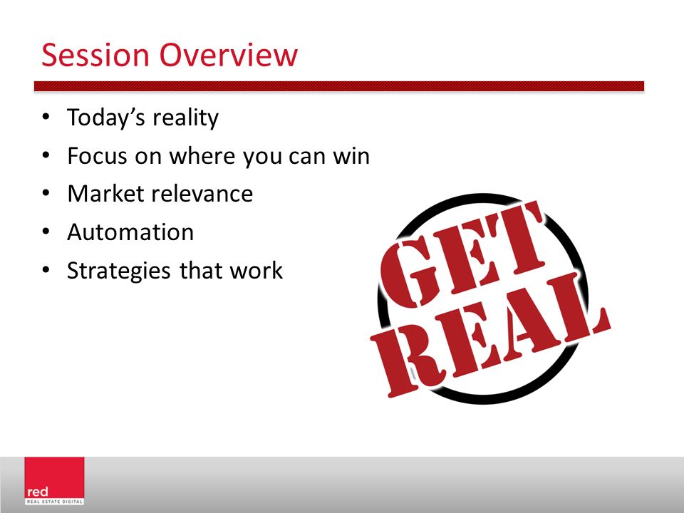 Session Overview Today’s reality Focus on where you can win Market relevance Automation Strategies that work