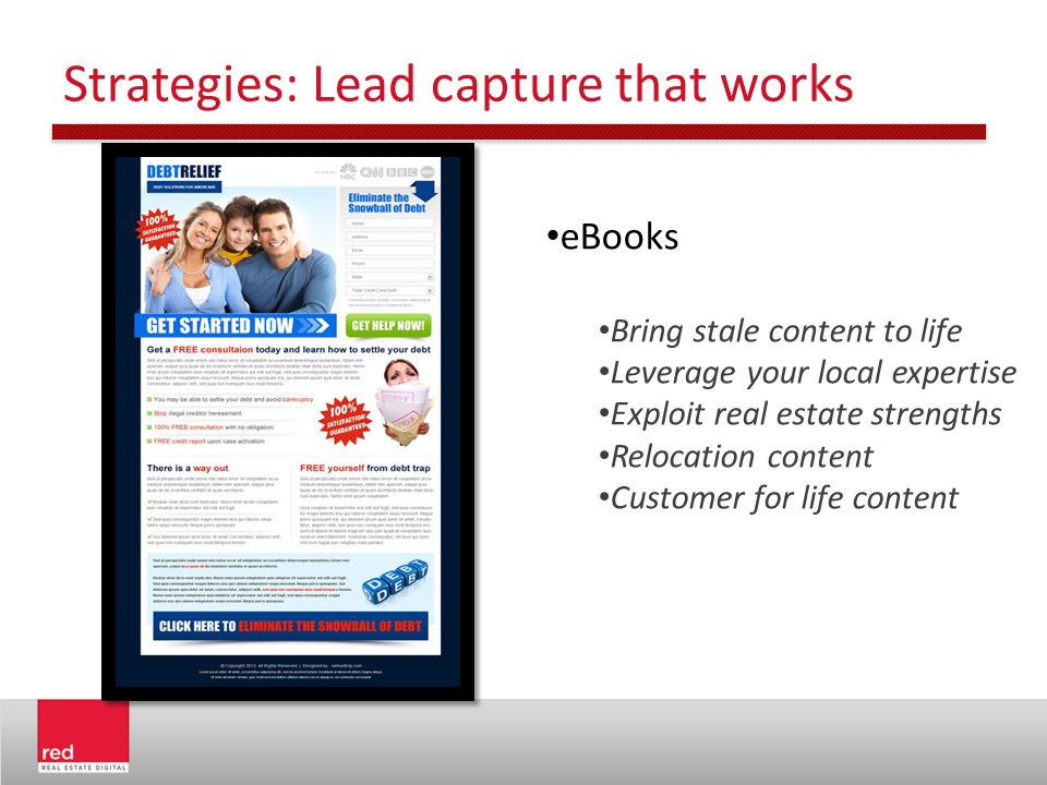 Strategies: Lead capture that works eBooks Bring stale content to life Leverage your local expertise Exploit real estate strengths Relocation content Customer for life content
