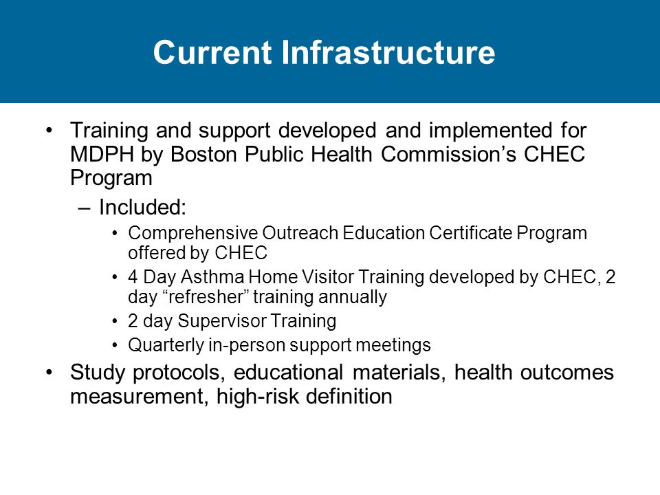 Current Infrastructure Training and support developed and implemented for MDPH by Boston Public Health Commission’s CHEC Program –Included: Comprehensive Outreach Education Certificate Program offered by CHEC 4 Day Asthma Home Visitor Training developed by CHEC, 2 day refresher training annually 2 day Supervisor Training Quarterly in-person support meetings Study protocols, educational materials, health outcomes measurement, high-risk definition