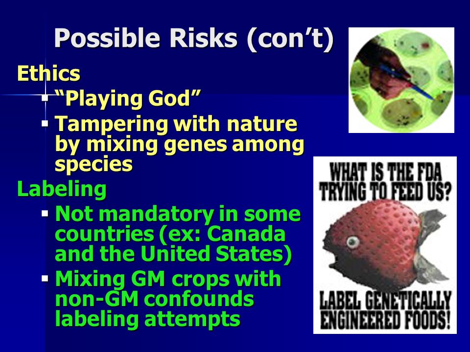 Possible Risks (con’t) Ethics  Playing God  Tampering with nature by mixing genes among species Labeling  Not mandatory in some countries (ex: Canada and the United States)  Mixing GM crops with non-GM confounds labeling attempts