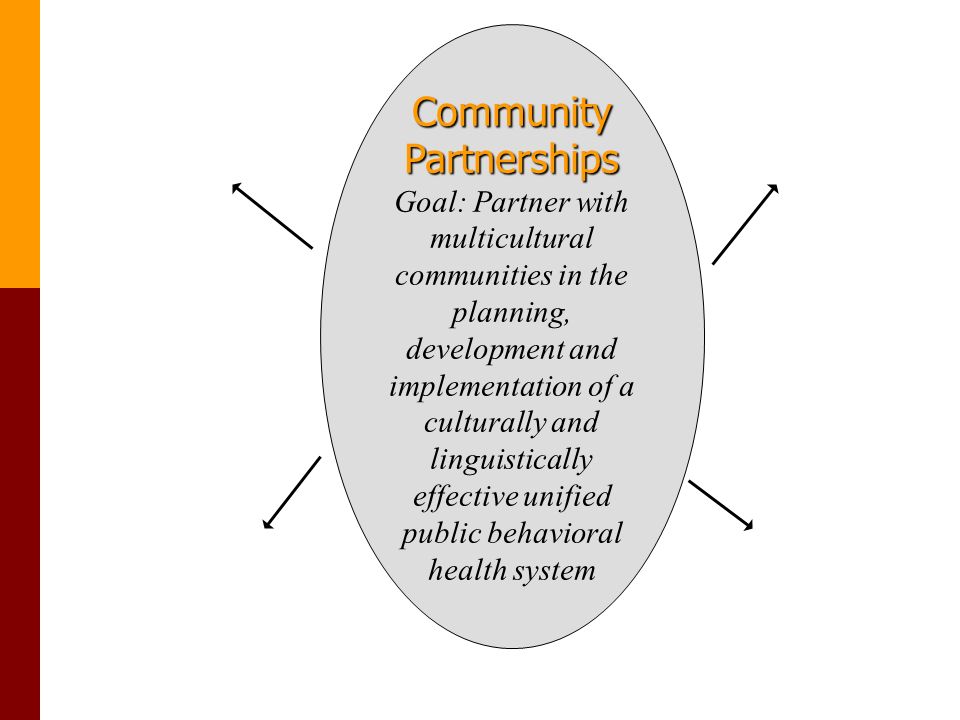 Community Partnerships Goal: Partner with multicultural communities in the planning, development and implementation of a culturally and linguistically effective unified public behavioral health system