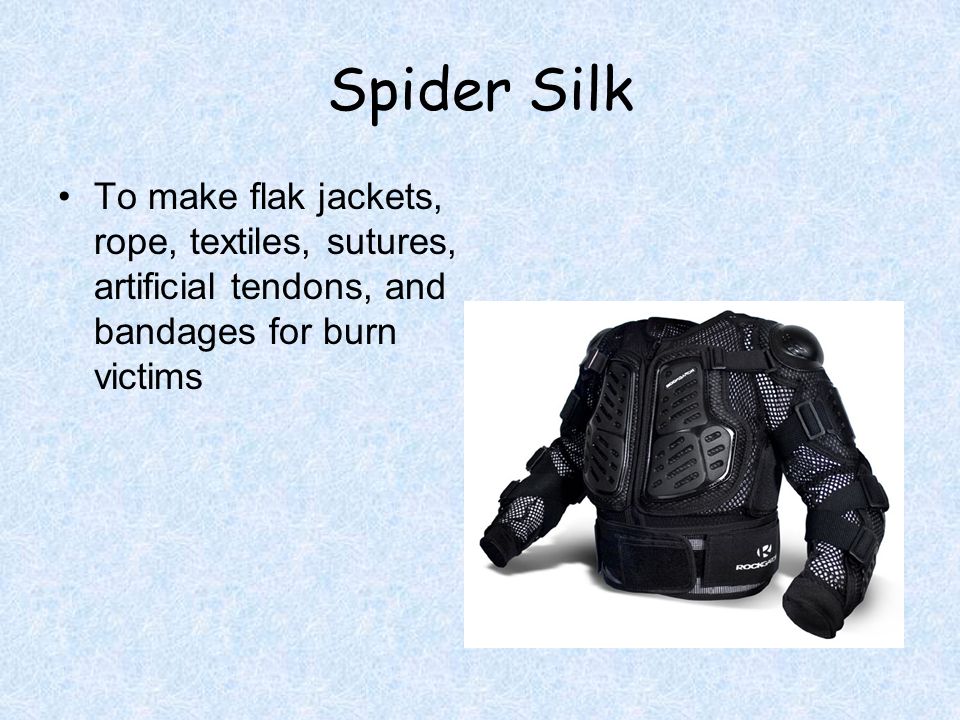 Spider Silk To make flak jackets, rope, textiles, sutures, artificial tendons, and bandages for burn victims