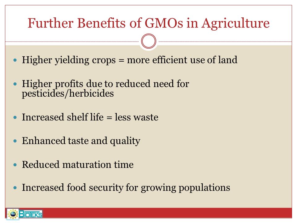 Further Benefits of GMOs in Agriculture Higher yielding crops = more efficient use of land Higher profits due to reduced need for pesticides/herbicides Increased shelf life = less waste Enhanced taste and quality Reduced maturation time Increased food security for growing populations