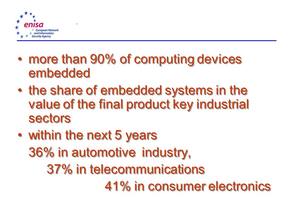 more than 90% of computing devices embedded the share of embedded systems in the value of the final product key industrial sectors within the next 5 years 36% in automotive industry, 37% in telecommunications 41% in consumer electronics more than 90% of computing devices embedded the share of embedded systems in the value of the final product key industrial sectors within the next 5 years 36% in automotive industry, 37% in telecommunications 41% in consumer electronics.