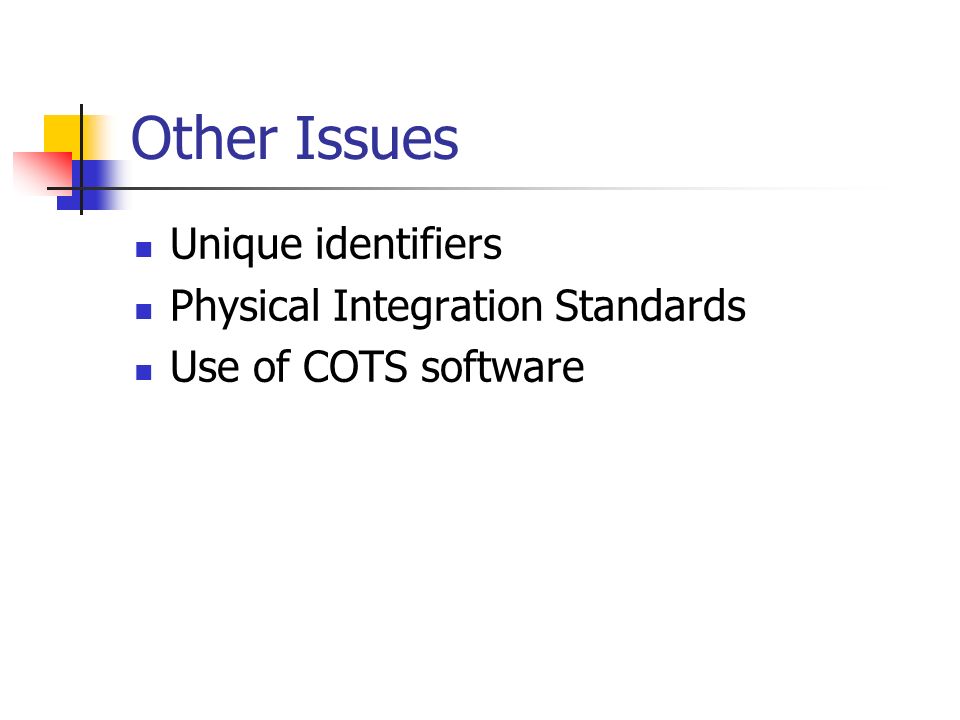 Other Issues Unique identifiers Physical Integration Standards Use of COTS software