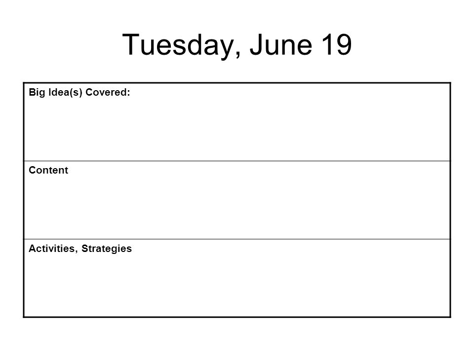 Tuesday, June 19 Big Idea(s) Covered: Content Activities, Strategies