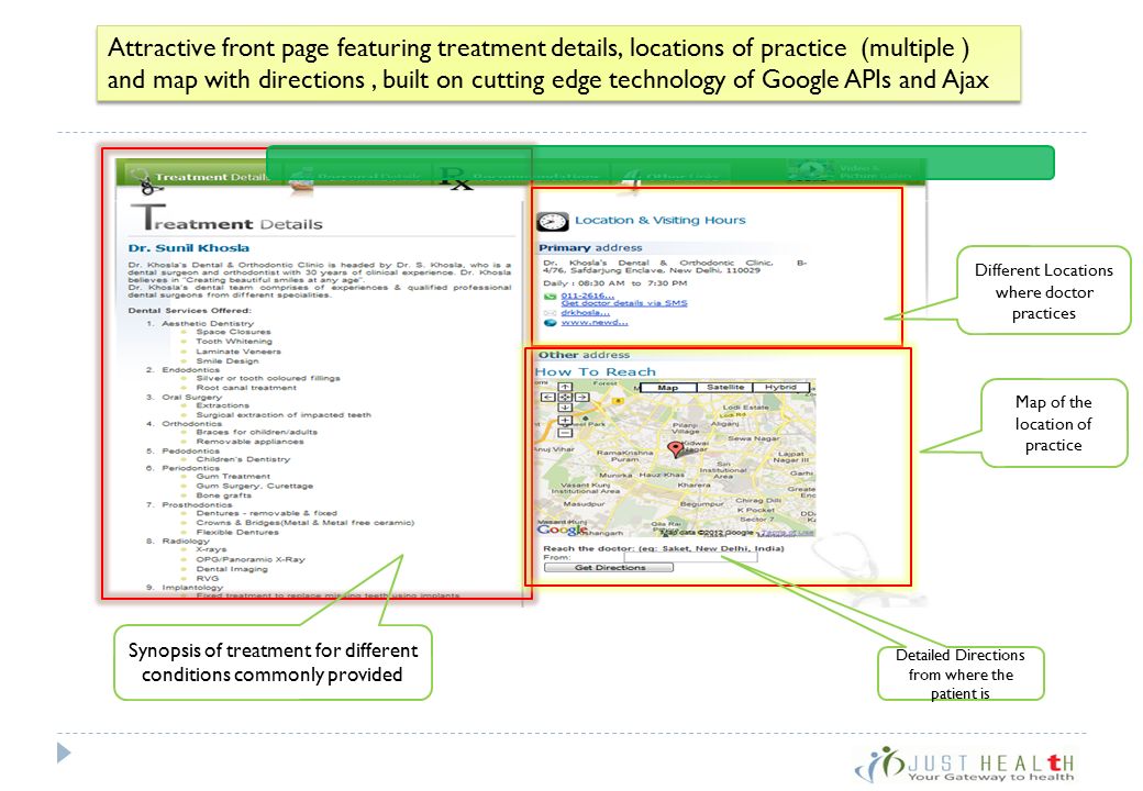 Synopsis of treatment for different conditions commonly provided Different Locations where doctor practices Map of the location of practice Detailed Directions from where the patient is Attractive front page featuring treatment details, locations of practice (multiple ) and map with directions, built on cutting edge technology of Google APIs and Ajax