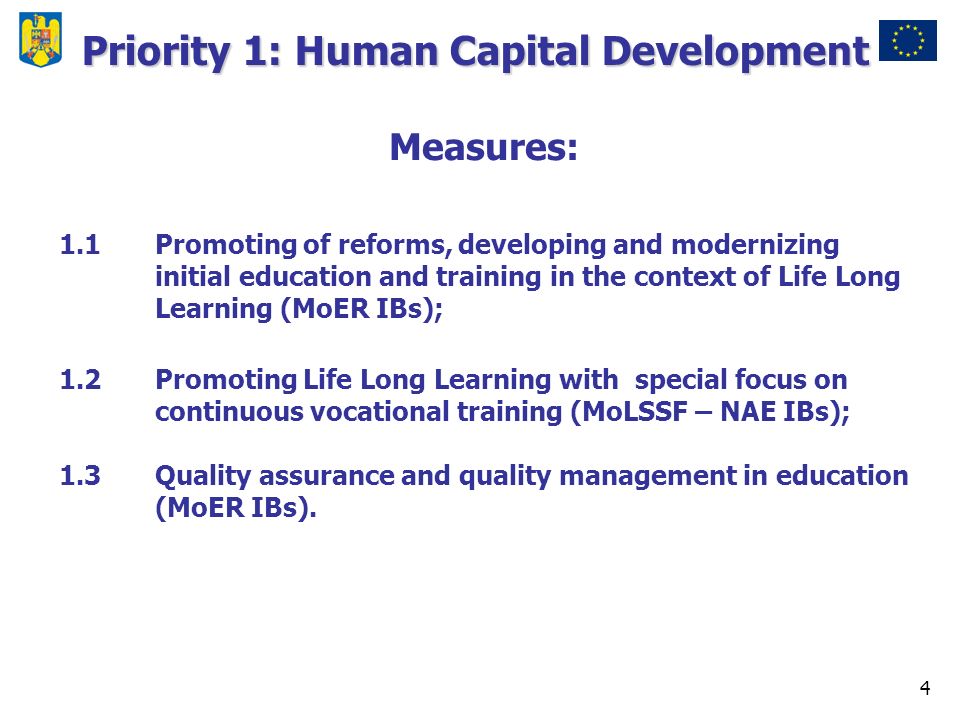 4 Priority 1: Human Capital Development Measures: 1.1Promoting of reforms, developing and modernizing initial education and training in the context of Life Long Learning (MoER IBs); 1.2Promoting Life Long Learning with special focus on continuous vocational training (MoLSSF – NAE IBs); 1.3Quality assurance and quality management in education (MoER IBs).