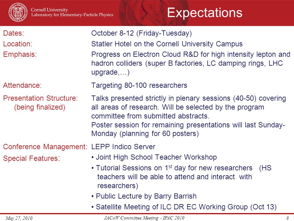 Expectations Dates: Location: Emphasis: Attendance: Presentation Structure: (being finalized) Conference Management: Special Features : October 8-12 (Friday-Tuesday) Statler Hotel on the Cornell University Campus Progress on Electron Cloud R&D for high intensity lepton and hadron colliders (super B factories, LC damping rings, LHC upgrade,…) Targeting researchers Talks presented strictly in plenary sessions (40-50) covering all areas of research.