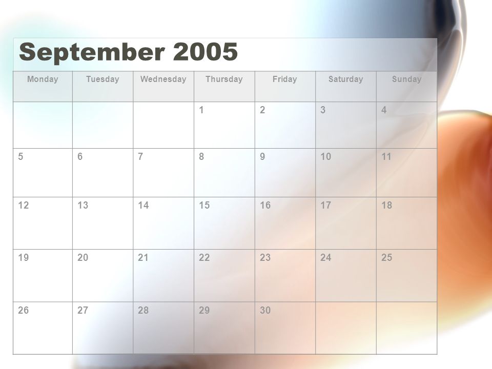 September 2005 MondayTuesdayWednesdayThursdayFridaySaturdaySunday