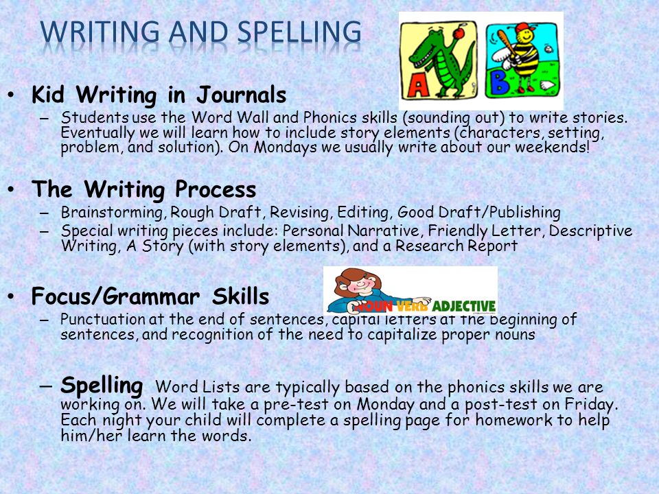 Kid Writing in Journals – Students use the Word Wall and Phonics skills (sounding out) to write stories.