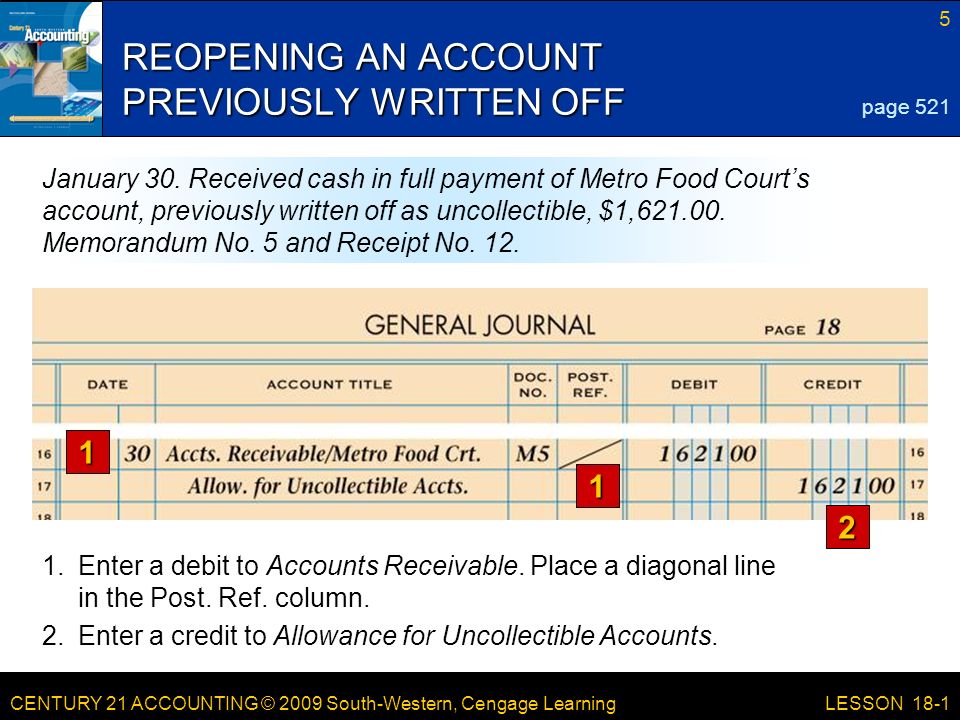 CENTURY 21 ACCOUNTING © 2009 South-Western, Cengage Learning 5 LESSON 18-1 REOPENING AN ACCOUNT PREVIOUSLY WRITTEN OFF 1.Enter a debit to Accounts Receivable.