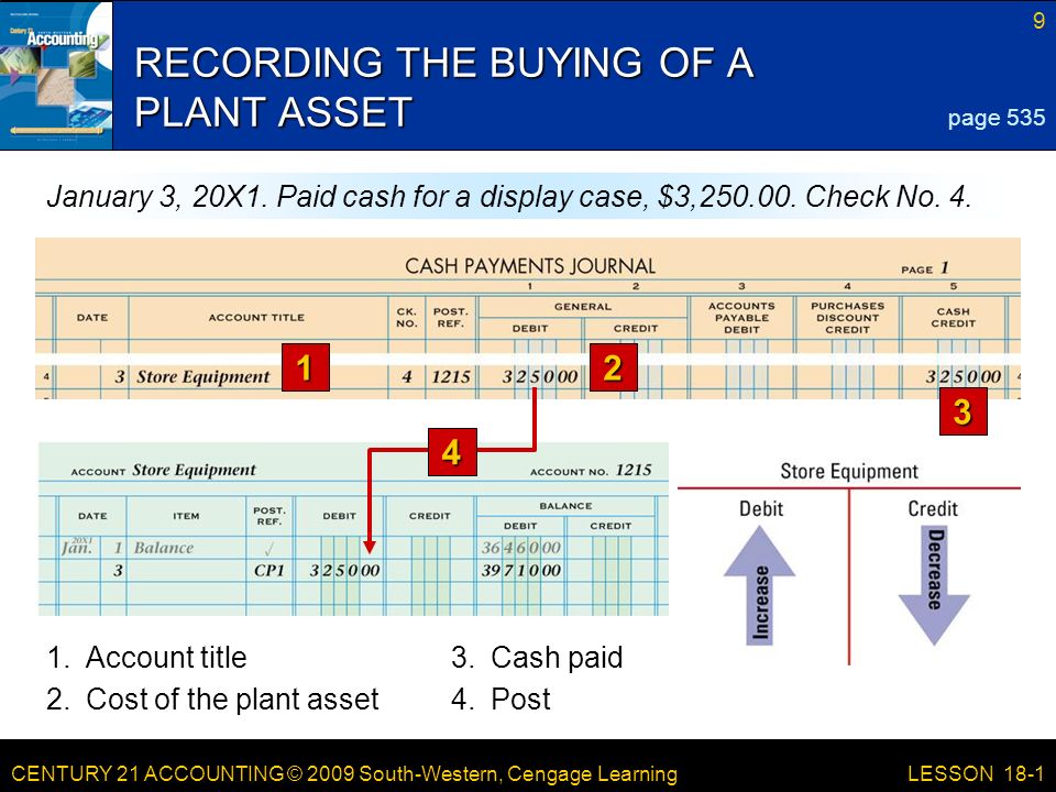 CENTURY 21 ACCOUNTING © 2009 South-Western, Cengage Learning 9 LESSON 18-1 RECORDING THE BUYING OF A PLANT ASSET 12 3 page 535 January 3, 20X1.
