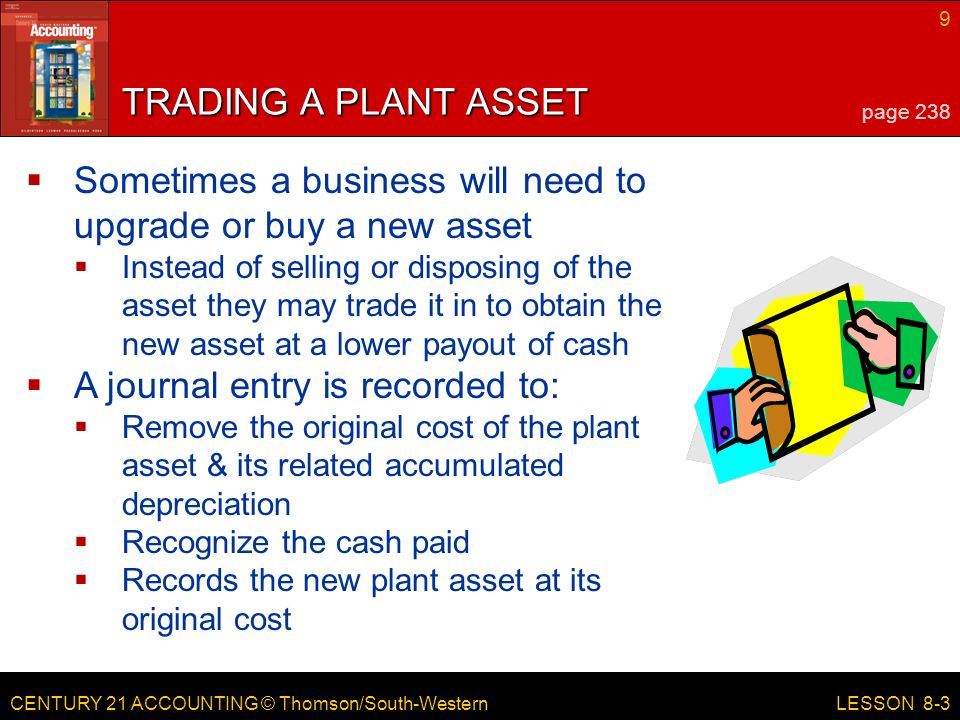 CENTURY 21 ACCOUNTING © Thomson/South-Western 9 LESSON 8-3 TRADING A PLANT ASSET page 238  Sometimes a business will need to upgrade or buy a new asset  Instead of selling or disposing of the asset they may trade it in to obtain the new asset at a lower payout of cash  A journal entry is recorded to:  Remove the original cost of the plant asset & its related accumulated depreciation  Recognize the cash paid  Records the new plant asset at its original cost