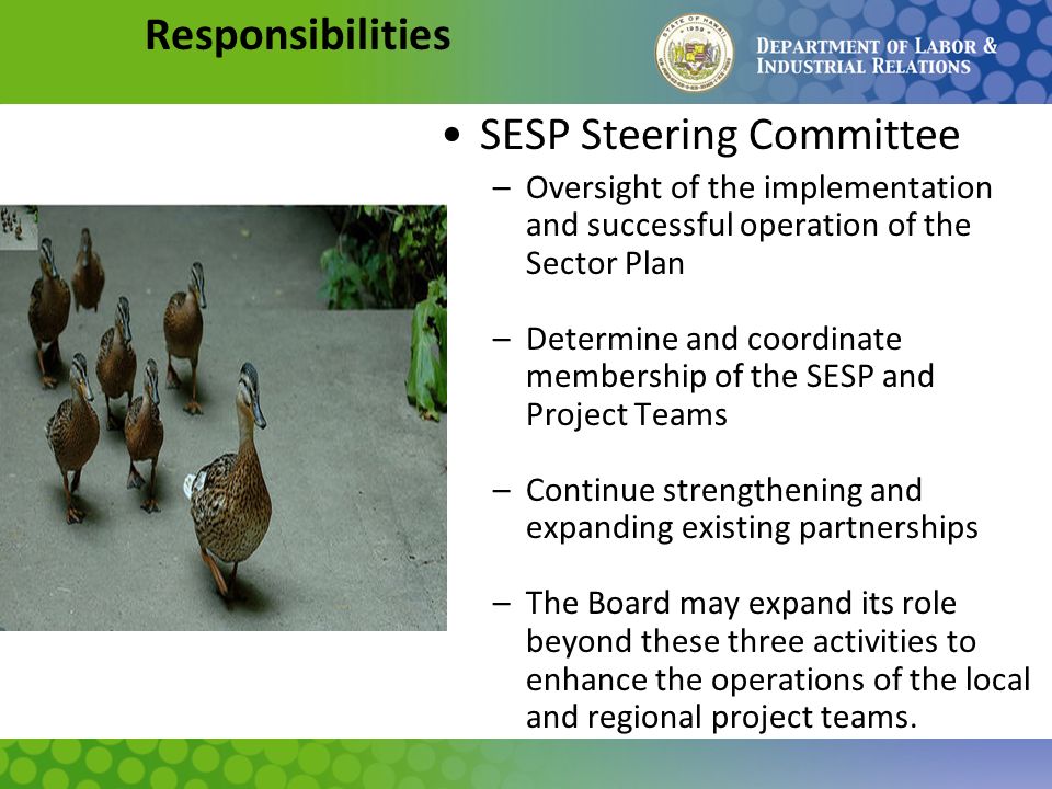 Responsibilities SESP Steering Committee –Oversight of the implementation and successful operation of the Sector Plan –Determine and coordinate membership of the SESP and Project Teams –Continue strengthening and expanding existing partnerships –The Board may expand its role beyond these three activities to enhance the operations of the local and regional project teams.