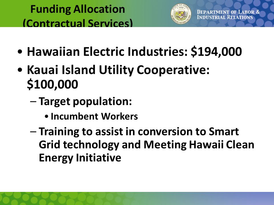 Funding Allocation (Contractual Services) Hawaiian Electric Industries: $194,000 Kauai Island Utility Cooperative: $100,000 –Target population: Incumbent Workers –Training to assist in conversion to Smart Grid technology and Meeting Hawaii Clean Energy Initiative
