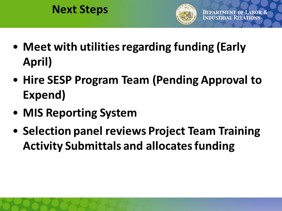 Next Steps Meet with utilities regarding funding (Early April) Hire SESP Program Team (Pending Approval to Expend) MIS Reporting System Selection panel reviews Project Team Training Activity Submittals and allocates funding