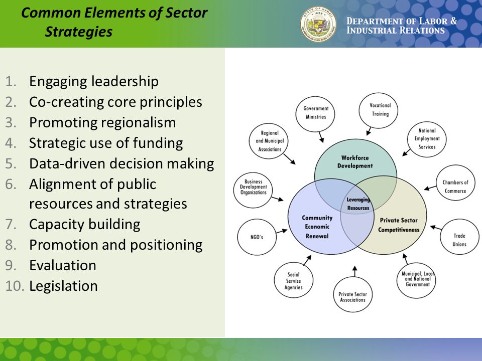 1.Engaging leadership 2.Co-creating core principles 3.Promoting regionalism 4.Strategic use of funding 5.Data-driven decision making 6.Alignment of public resources and strategies 7.Capacity building 8.Promotion and positioning 9.Evaluation 10.Legislation Common Elements of Sector Strategies