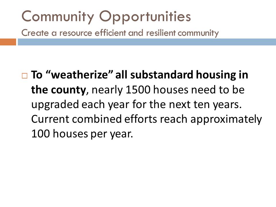  To weatherize all substandard housing in the county, nearly 1500 houses need to be upgraded each year for the next ten years.