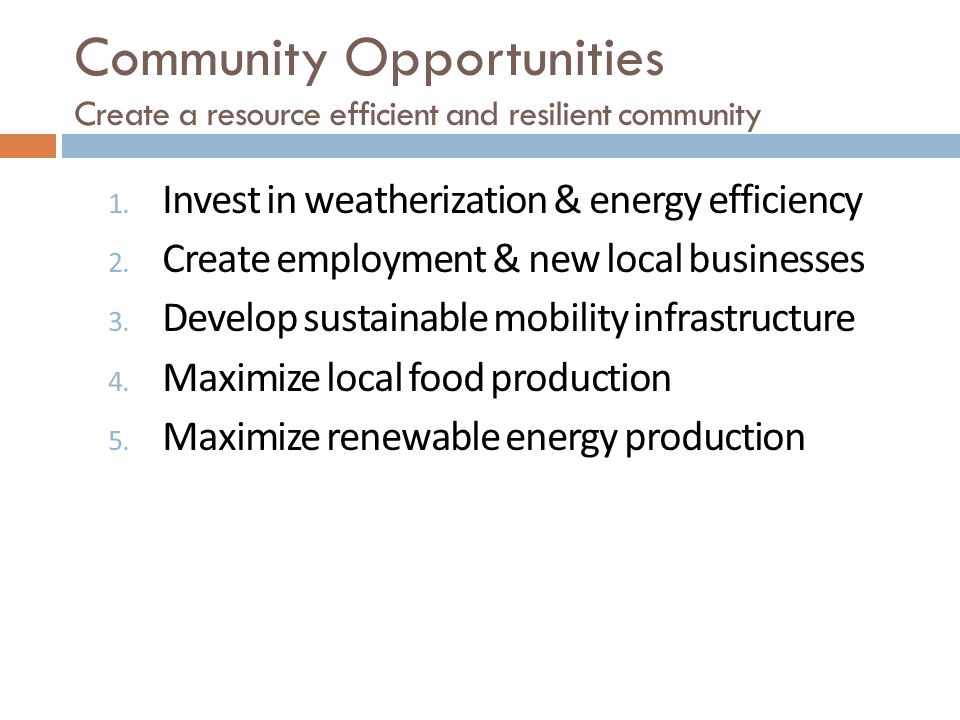 Community Opportunities Create a resource efficient and resilient community 1.