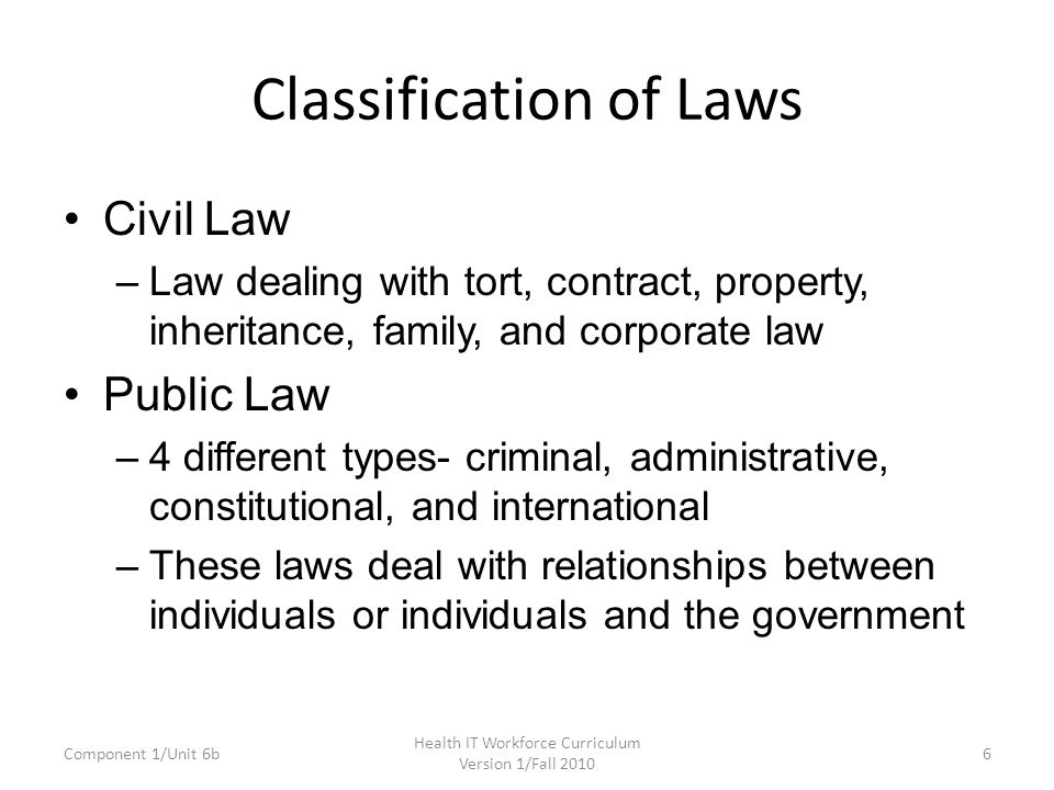 Classification of Laws Civil Law –Law dealing with tort, contract, property, inheritance, family, and corporate law Public Law –4 different types- criminal, administrative, constitutional, and international –These laws deal with relationships between individuals or individuals and the government Component 1/Unit 6b6 Health IT Workforce Curriculum Version 1/Fall 2010