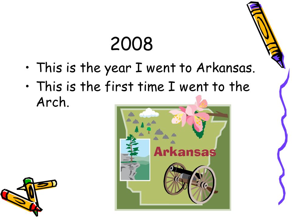 2008 This is the year I went to Arkansas. This is the first time I went to the Arch.