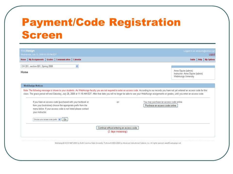 Payment/Code Registration Screen