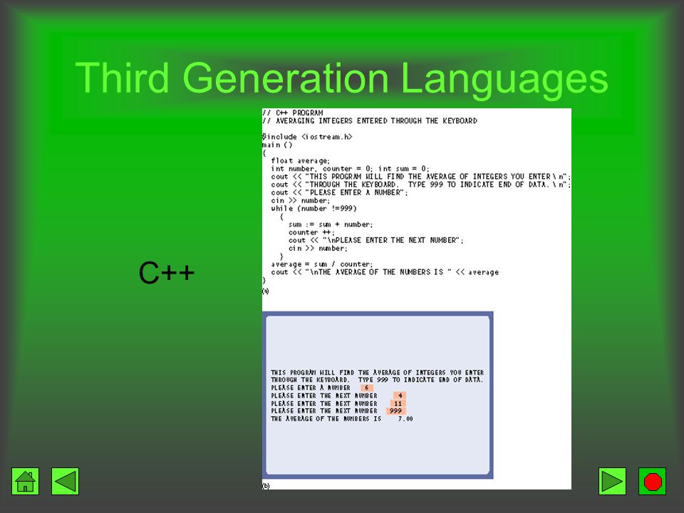 Third Generation Languages Visual Basic –1987 –Create complex user interfaces –Uses standard Windows features –Event-driven – user controls the program C –1972 –Efficient code –Portability C++ –Enhancement of C