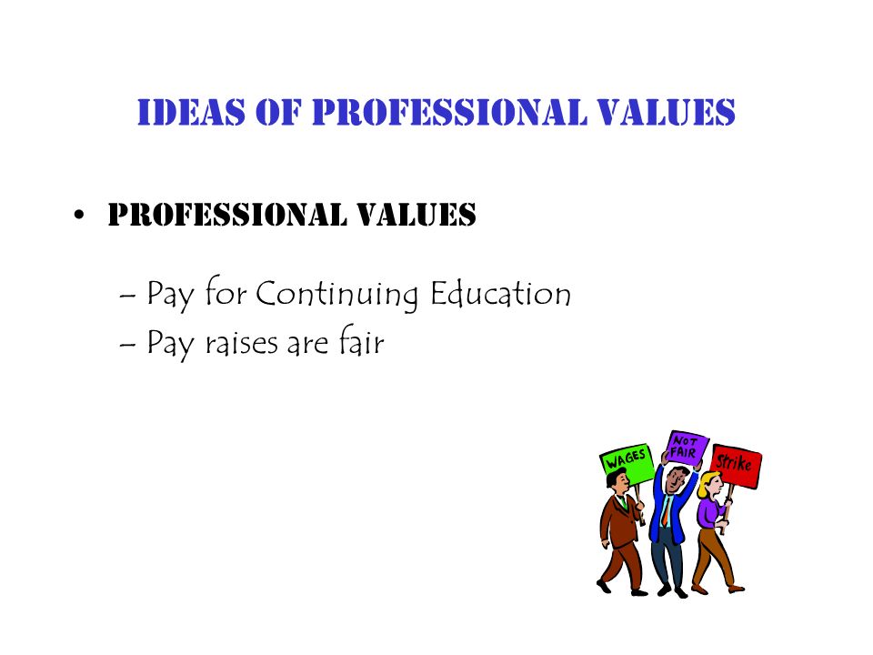 Ideas of Professional Values Professional Values –Pay for Continuing Education –Pay raises are fair