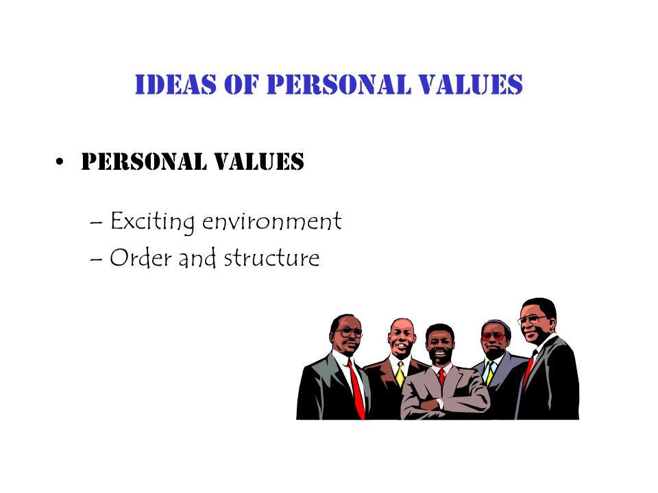 Ideas of Personal Values Personal Values –Exciting environment –Order and structure