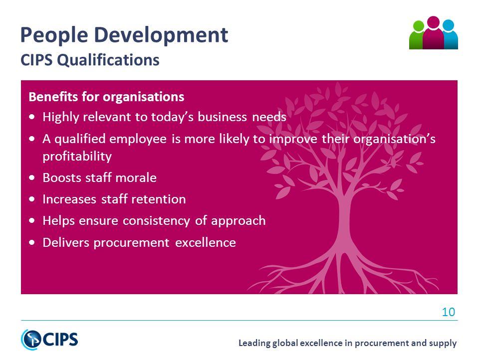 Leading global excellence in procurement and supply 10 People Development CIPS Qualifications Benefits for organisations  Highly relevant to today’s business needs  A qualified employee is more likely to improve their organisation’s profitability  Boosts staff morale  Increases staff retention  Helps ensure consistency of approach  Delivers procurement excellence