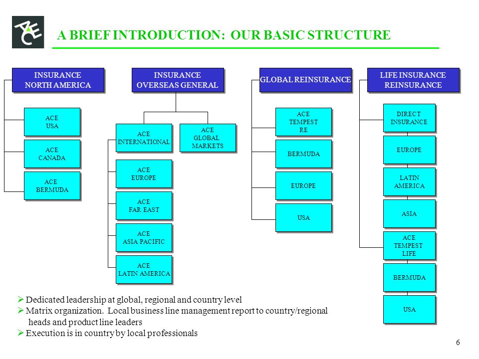 A BRIEF INTRODUCTION: OUR BASIC STRUCTURE INSURANCE NORTH AMERICA INSURANCE NORTH AMERICA INSURANCE OVERSEAS GENERAL INSURANCE OVERSEAS GENERAL GLOBAL REINSURANCE LIFE INSURANCE REINSURANCE LIFE INSURANCE REINSURANCE ACE BERMUDA ACE BERMUDA ACE CANADA ACE CANADA ACE USA ACE USA EUROPE ACE LATIN AMERICA ACE LATIN AMERICA ACE ASIA PACIFIC ACE ASIA PACIFIC ACE EUROPE ACE EUROPE ACE FAR EAST ACE FAR EAST BERMUDA USA ACE GLOBAL MARKETS ACE GLOBAL MARKETS DIRECT INSURANCE DIRECT INSURANCE EUROPE LATIN AMERICA LATIN AMERICA ASIA ACE TEMPEST LIFE ACE TEMPEST LIFE BERMUDA USA ACE TEMPEST RE ACE TEMPEST RE 6 ACE INTERNATIONAL ACE INTERNATIONAL  Dedicated leadership at global, regional and country level  Matrix organization.