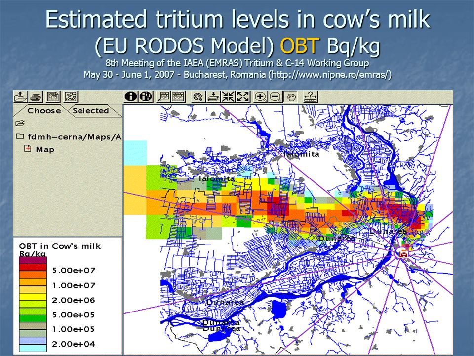 Estimated tritium levels in cow’s milk (EU RODOS Model) OBT Bq/kg 8th Meeting of the IAEA (EMRAS) Tritium & C-14 Working Group May 30 - June 1, Bucharest, Romania (