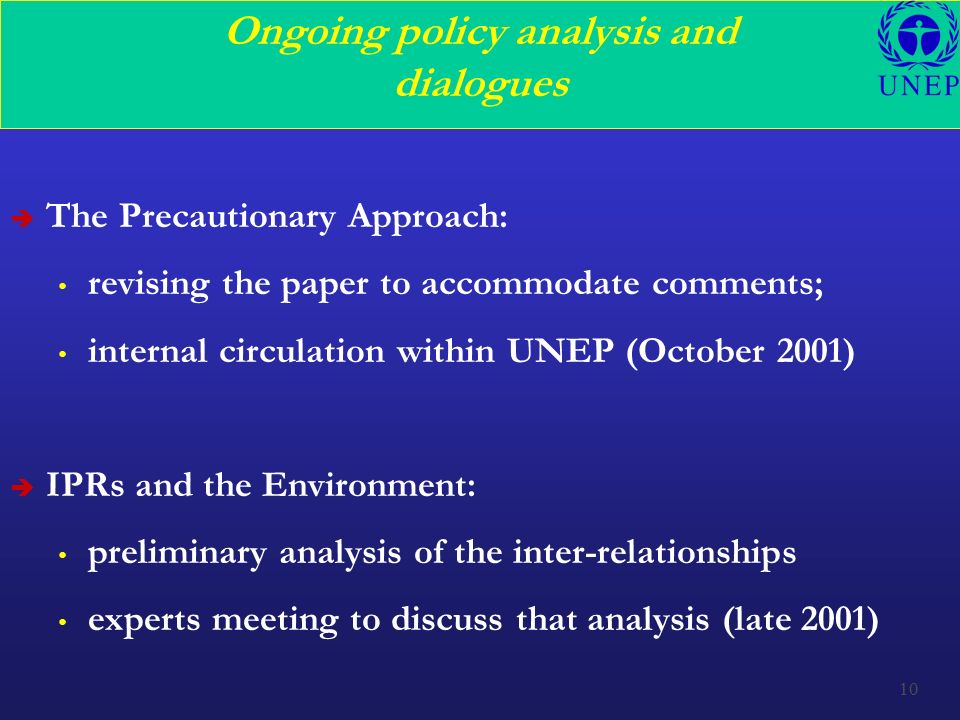 10 Ongoing policy analysis and dialogues è The Precautionary Approach: revising the paper to accommodate comments; internal circulation within UNEP (October 2001) è IPRs and the Environment: preliminary analysis of the inter-relationships experts meeting to discuss that analysis (late 2001)