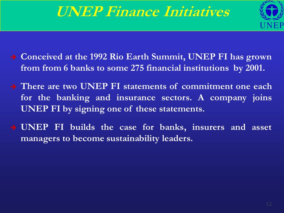 12 UNEP Finance Initiatives è Conceived at the 1992 Rio Earth Summit, UNEP FI has grown from from 6 banks to some 275 financial institutions by 2001.