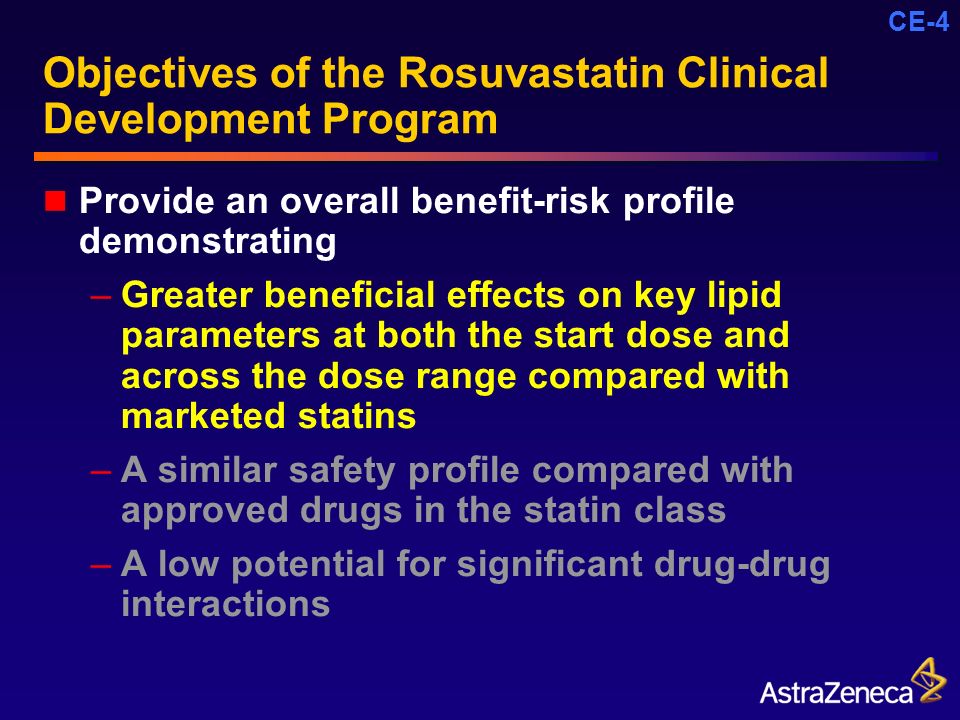 CE-4 Provide an overall benefit-risk profile demonstrating –Greater beneficial effects on key lipid parameters at both the start dose and across the dose range compared with marketed statins –A similar safety profile compared with approved drugs in the statin class –A low potential for significant drug-drug interactions Objectives of the Rosuvastatin Clinical Development Program