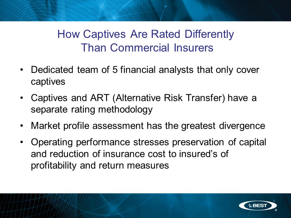 Dedicated team of 5 financial analysts that only cover captives Captives and ART (Alternative Risk Transfer) have a separate rating methodology Market profile assessment has the greatest divergence Operating performance stresses preservation of capital and reduction of insurance cost to insured’s of profitability and return measures How Captives Are Rated Differently Than Commercial Insurers