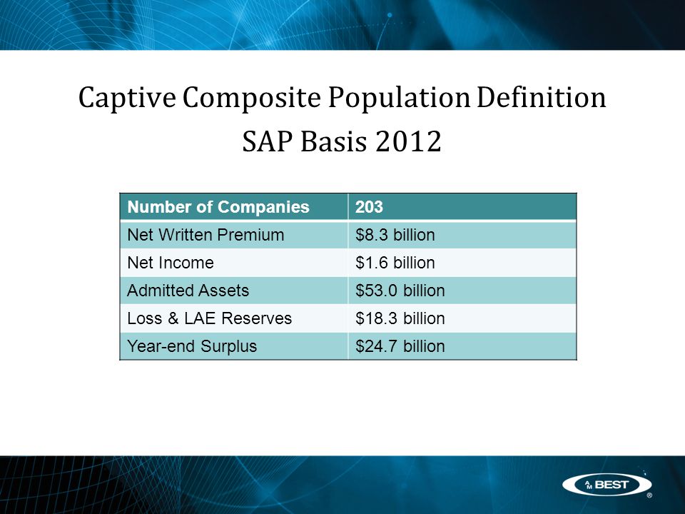 Captive Composite Population Definition SAP Basis 2012 Number of Companies203 Net Written Premium$8.3 billion Net Income$1.6 billion Admitted Assets$53.0 billion Loss & LAE Reserves$18.3 billion Year-end Surplus$24.7 billion