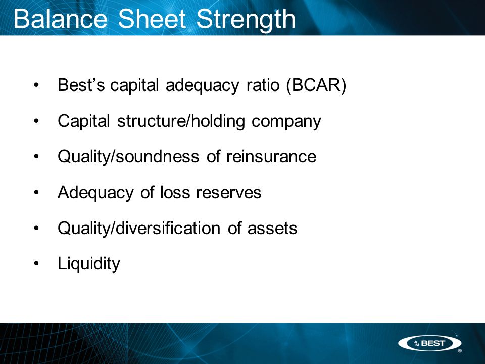 Balance Sheet Strength Best’s capital adequacy ratio (BCAR) Capital structure/holding company Quality/soundness of reinsurance Adequacy of loss reserves Quality/diversification of assets Liquidity