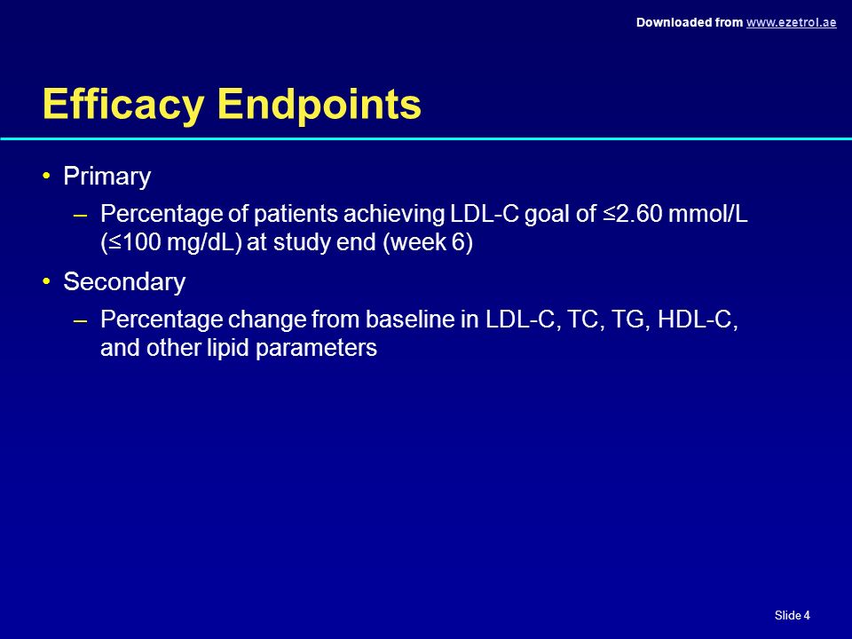 Downloaded from   Slide 4 Efficacy Endpoints Primary –Percentage of patients achieving LDL-C goal of ≤2.60 mmol/L (≤100 mg/dL) at study end (week 6) Secondary –Percentage change from baseline in LDL-C, TC, TG, HDL-C, and other lipid parameters