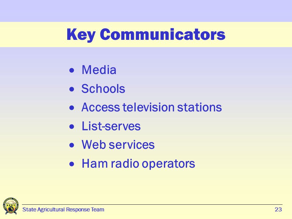 23 State Agricultural Response Team23 Key Communicators  Media  Schools  Access television stations  List-serves  Web services  Ham radio operators