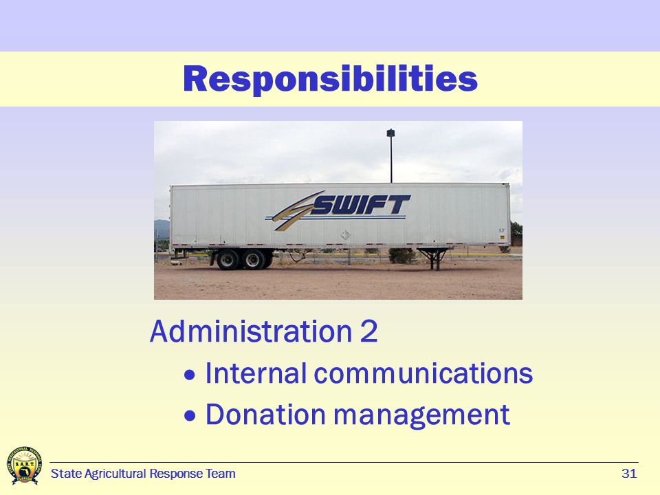 31 State Agricultural Response Team31 Responsibilities Administration 2  Internal communications  Donation management