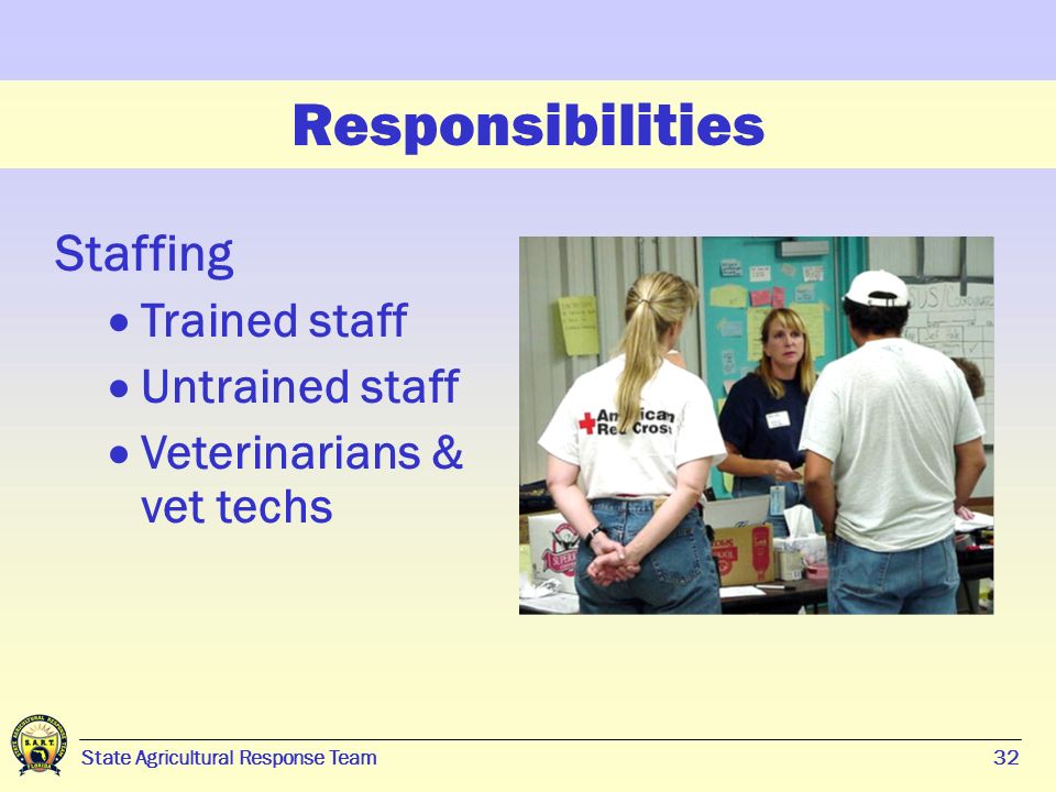 32 State Agricultural Response Team32 Responsibilities Staffing  Trained staff  Untrained staff  Veterinarians & vet techs