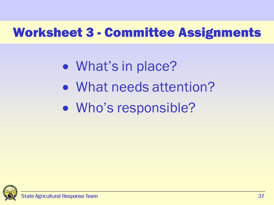 37 State Agricultural Response Team37 Worksheet 3 - Committee Assignments  What’s in place.