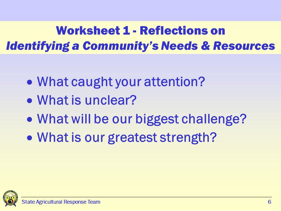 6 State Agricultural Response Team6 Worksheet 1 - Reflections on Identifying a Community’s Needs & Resources  What caught your attention.