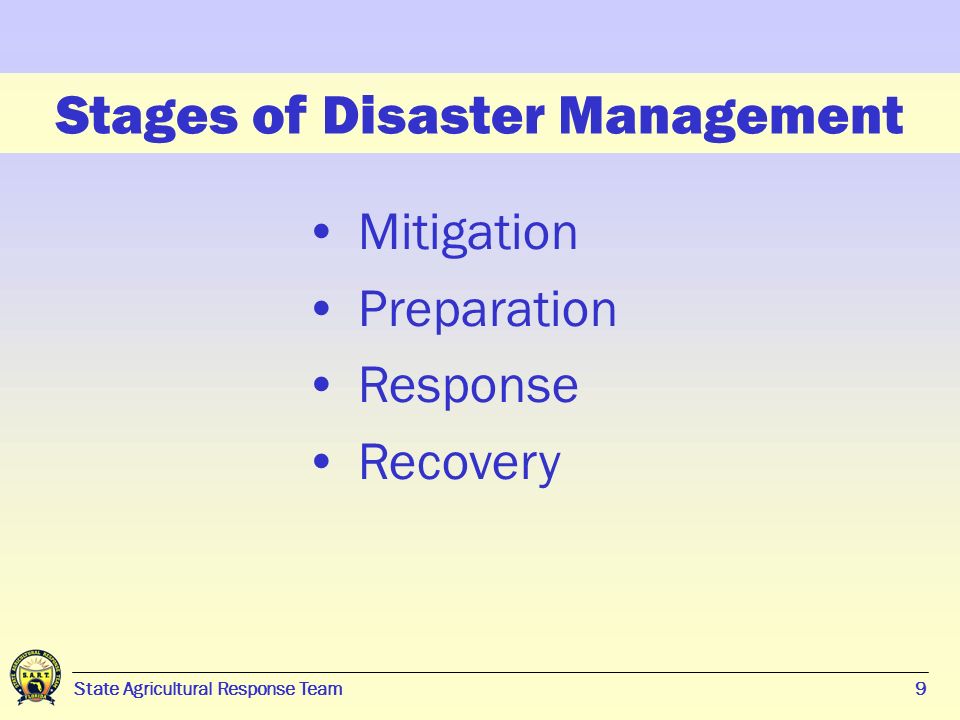 9 State Agricultural Response Team9 Stages of Disaster Management Mitigation Preparation Response Recovery